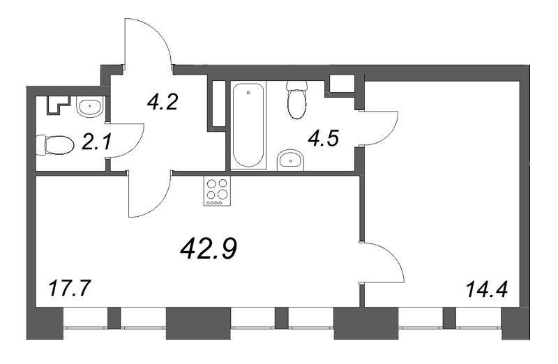 2-комнатная (Евро) квартира, 42.9 м² в ЖК "Коллекционер" - планировка, фото №1