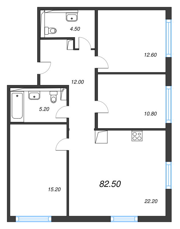 4-комнатная (Евро) квартира, 82.5 м² в ЖК "Руднева 15" - планировка, фото №1