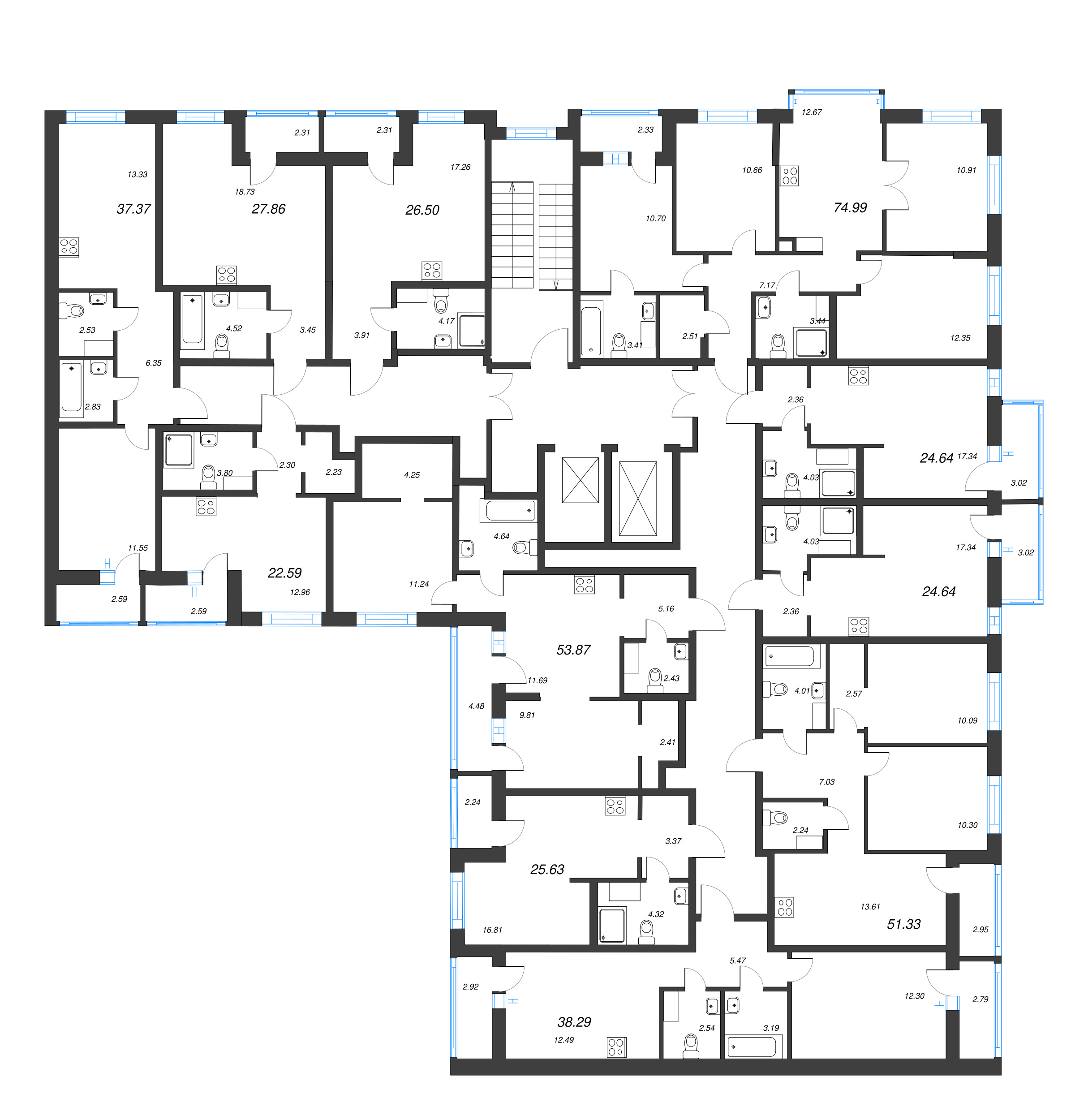 2-комнатная (Евро) квартира, 53.87 м² - планировка этажа