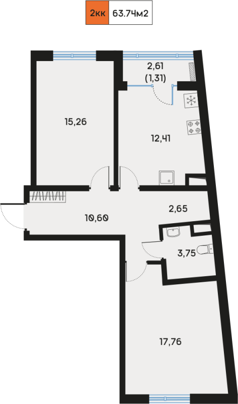 2-комнатная квартира, 63.74 м² - планировка, фото №1