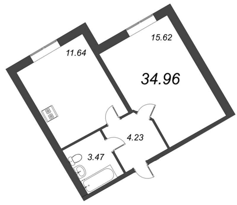 1-комнатная квартира, 34.96 м² в ЖК "Капральский" - планировка, фото №1