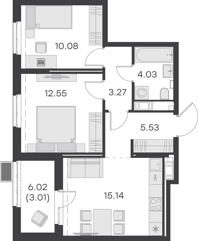 3-комнатная (Евро) квартира, 53.61 м² - планировка, фото №1