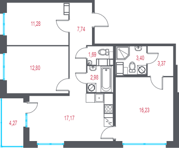 4-комнатная (Евро) квартира, 78.8 м² в ЖК "Город-спутник Южный" - планировка, фото №1