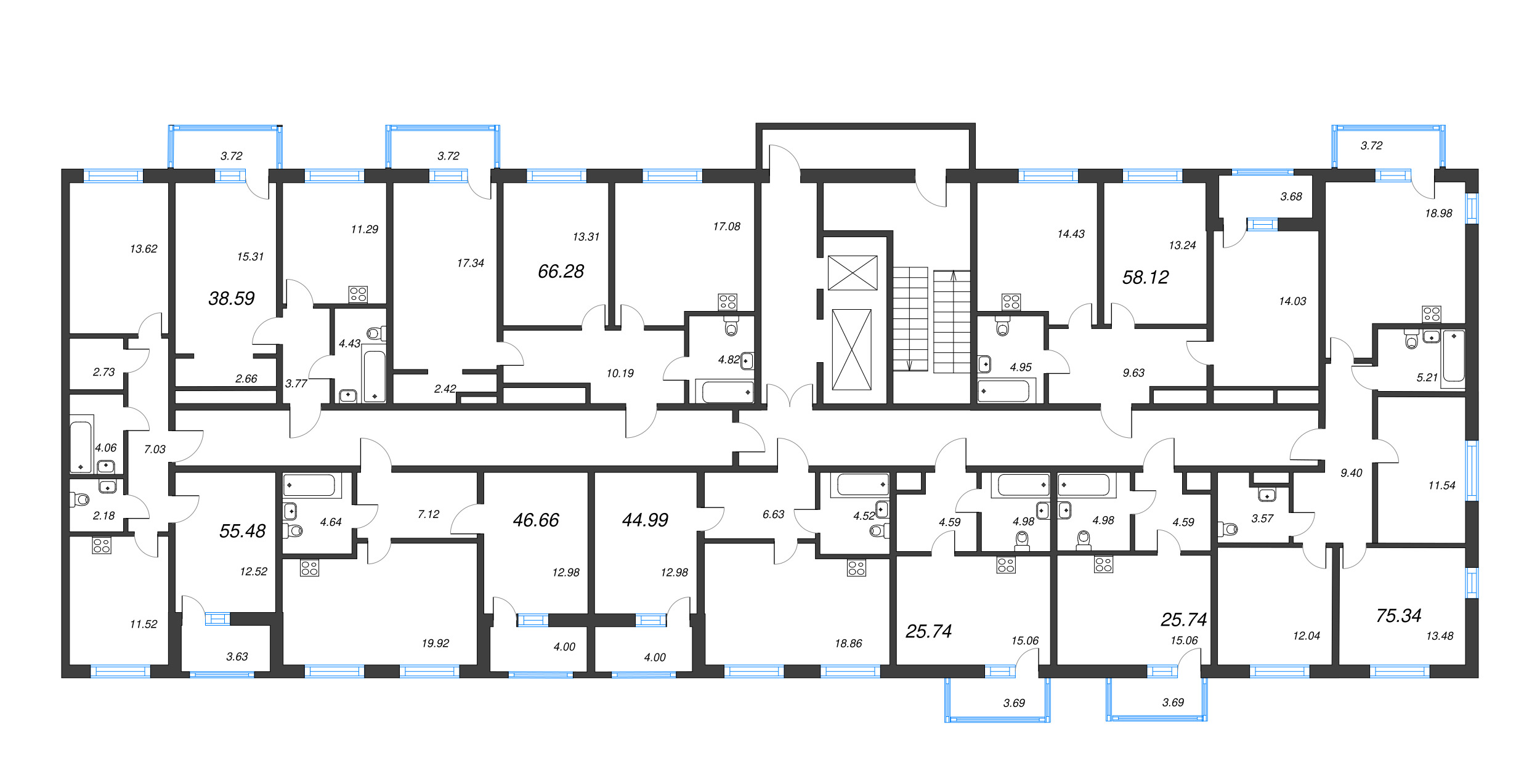 2-комнатная (Евро) квартира, 44.99 м² - планировка этажа