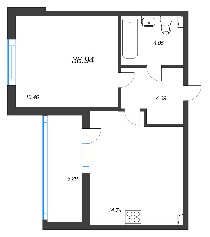 1-комнатная квартира, 36.94 м² в ЖК "Любоград" - планировка, фото №1