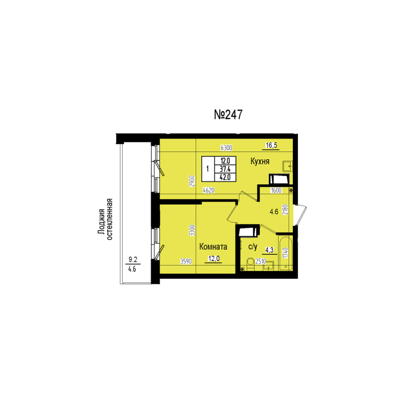 2-комнатная (Евро) квартира, 42 м² в ЖК "ПРАГМА СИТИ" - планировка, фото №1