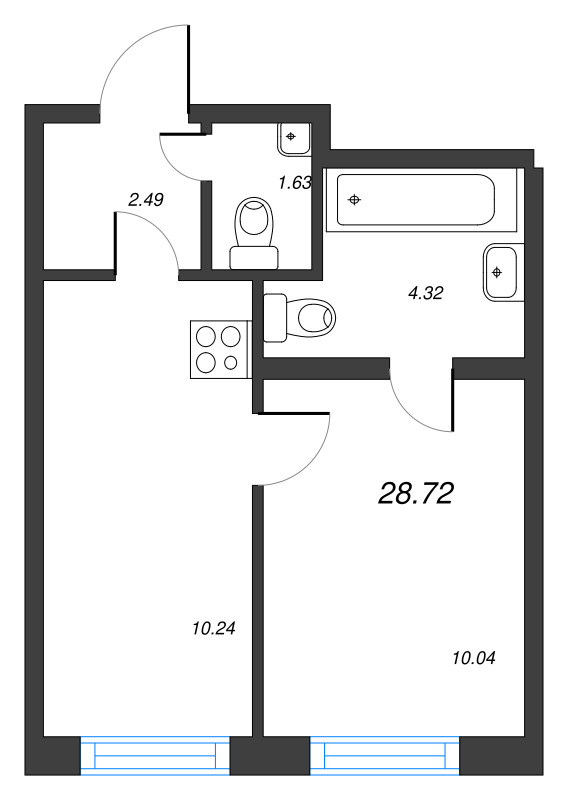 1-комнатная квартира, 28.72 м² - планировка, фото №1