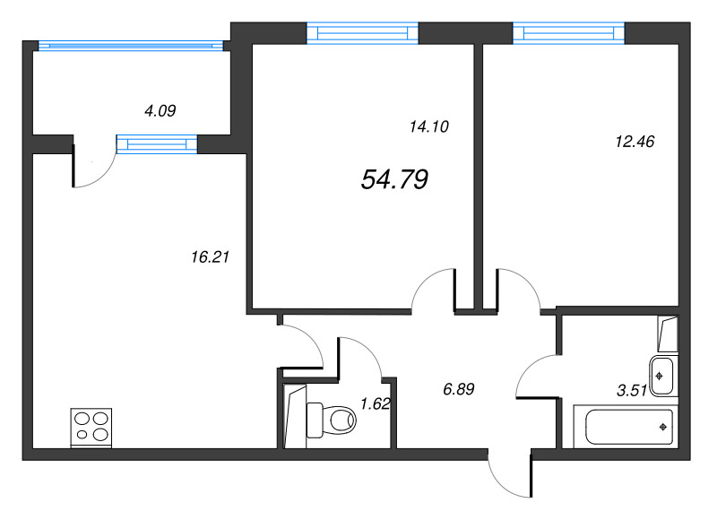 3-комнатная (Евро) квартира, 54.79 м² в ЖК "ЮгТаун" - планировка, фото №1