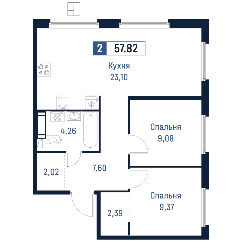 3-комнатная (Евро) квартира, 57.82 м² в ЖК "Максималист" - планировка, фото №1