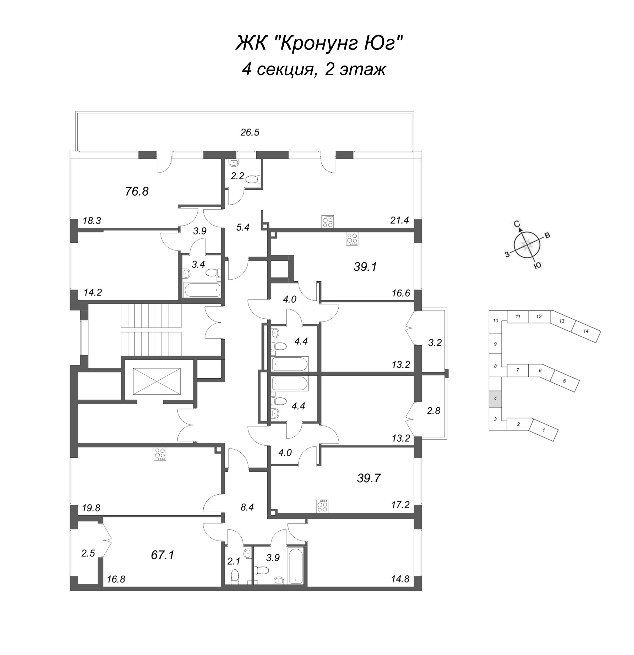 2-комнатная (Евро) квартира, 39.1 м² в ЖК "Кронунг ЮГ" - планировка этажа