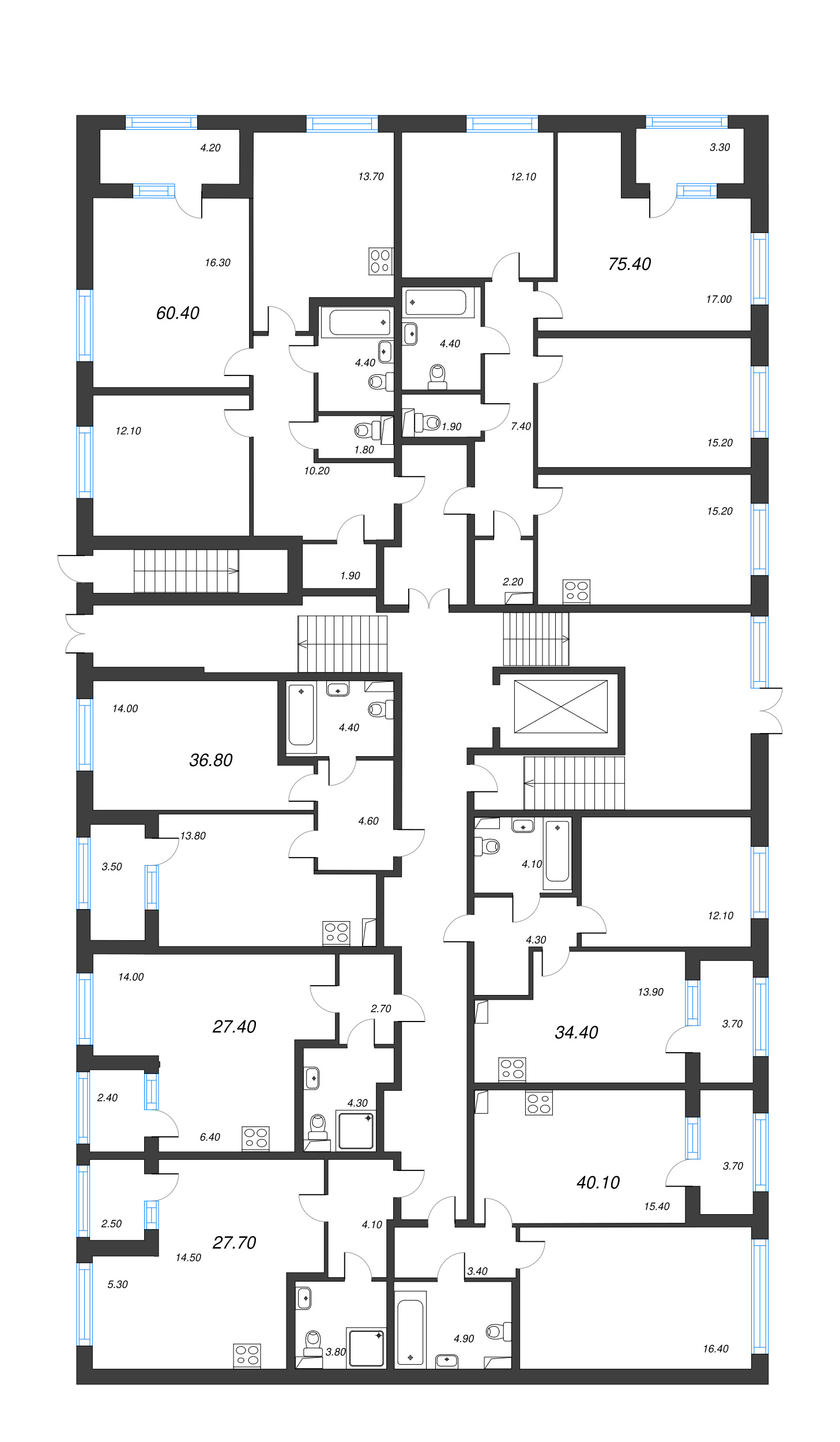 4-комнатная (Евро) квартира, 75.4 м² - планировка этажа