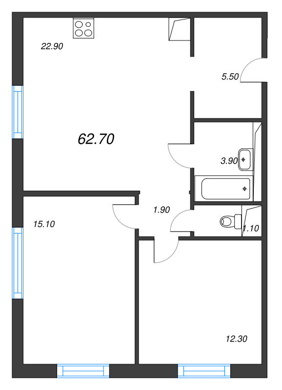 3-комнатная (Евро) квартира, 62.7 м² в ЖК "Руднева 15" - планировка, фото №1
