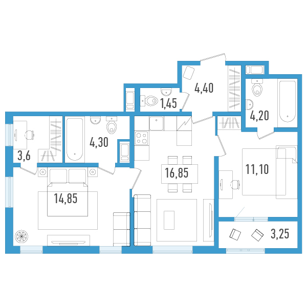3-комнатная (Евро) квартира, 62.38 м² - планировка, фото №1