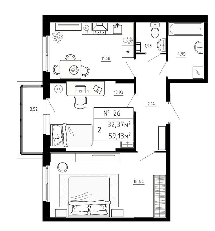 2-комнатная квартира, 59.13 м² в ЖК "Аннино Сити" - планировка, фото №1