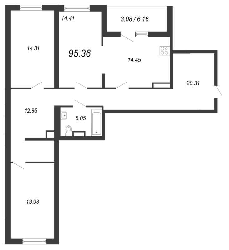 3-комнатная квартира, 98.9 м² - планировка, фото №1
