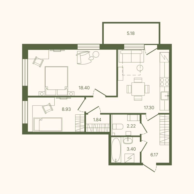 3-комнатная (Евро) квартира, 59.82 м² в ЖК "Рауни" - планировка, фото №1