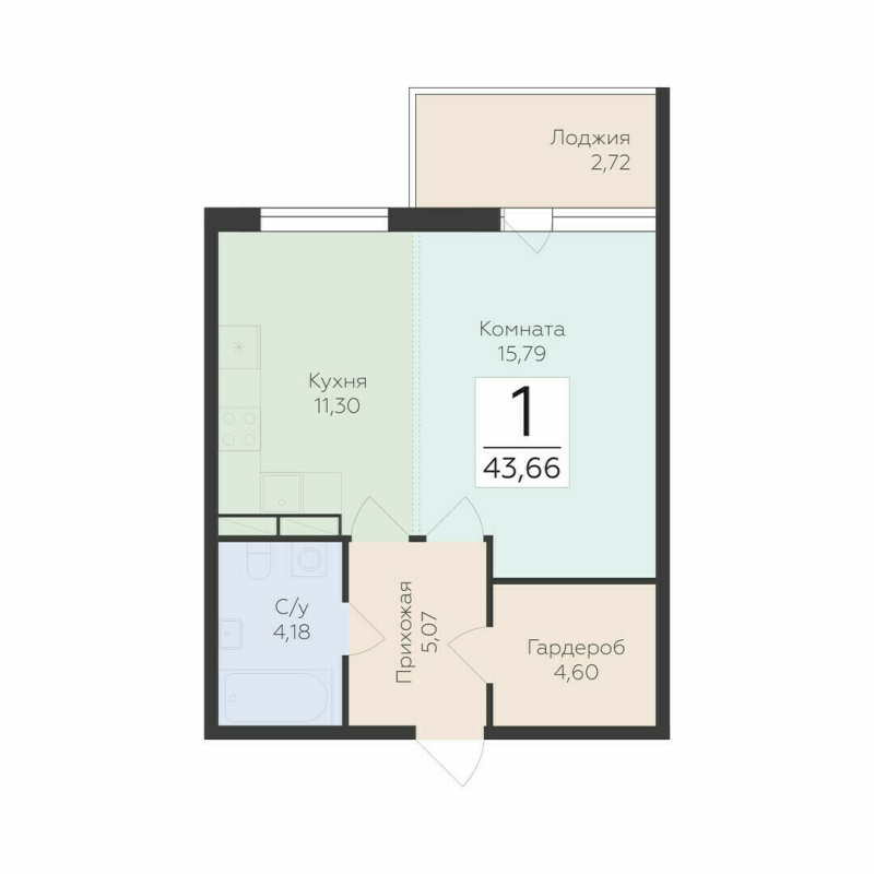 1-комнатная квартира, 43.66 м² в ЖК "Финский квартал" - планировка, фото №1