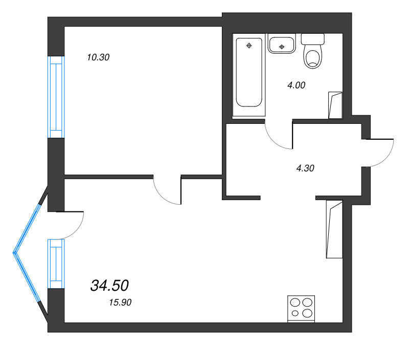 2-комнатная (Евро) квартира, 34.5 м² в ЖК "Струны" - планировка, фото №1