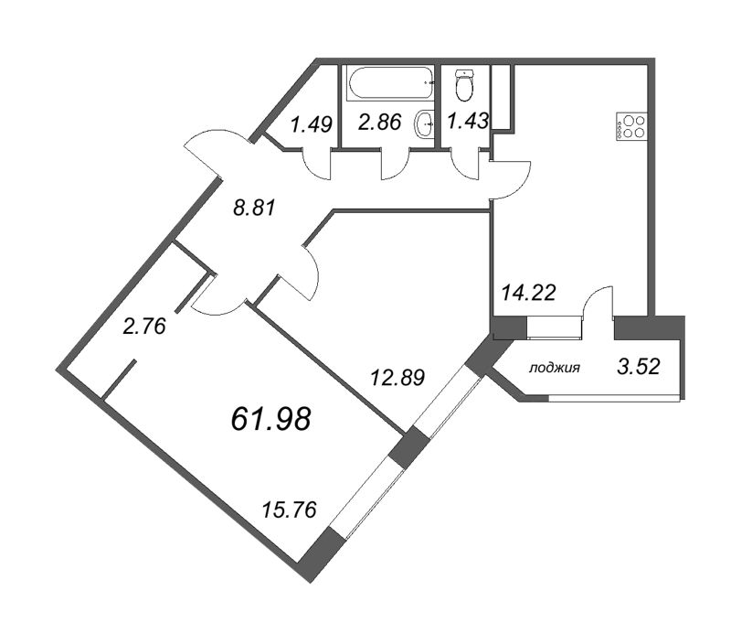 2-комнатная квартира, 61.98 м² - планировка, фото №1