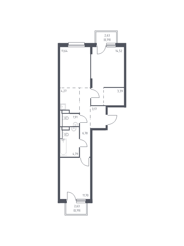 3-комнатная (Евро) квартира, 63.75 м² в ЖК "Новые Лаврики" - планировка, фото №1