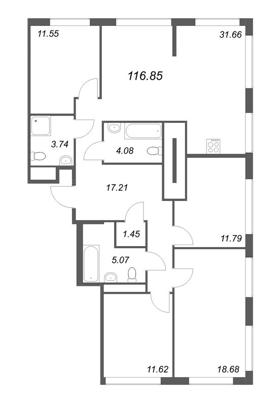 5-комнатная (Евро) квартира, 116.85 м² - планировка, фото №1