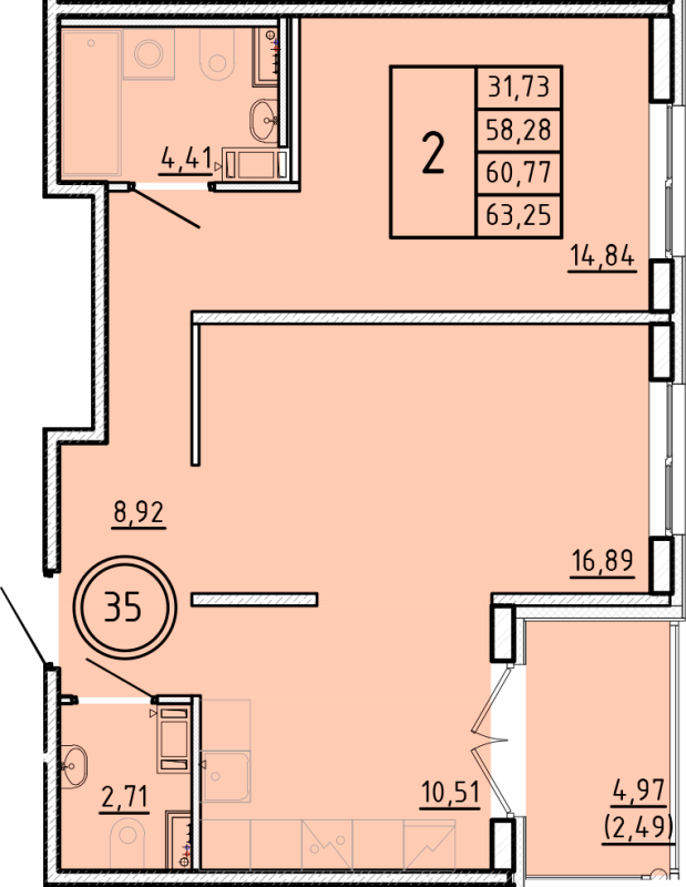 2-комнатная квартира, 58.28 м² в ЖК "Образцовый квартал 16" - планировка, фото №1