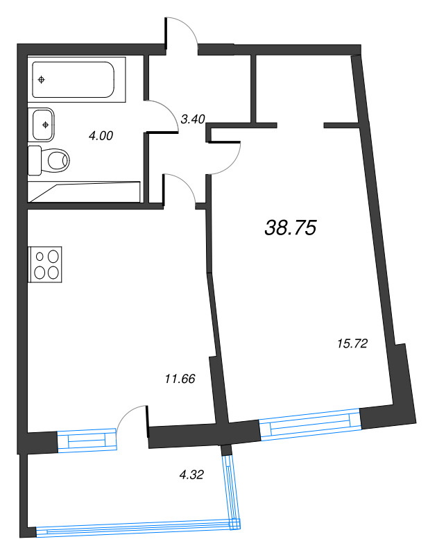 2-комнатная (Евро) квартира, 38.8 м² в ЖК "Дом Левитан" - планировка, фото №1