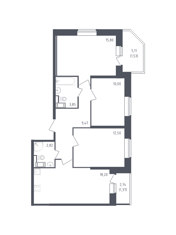 4-комнатная (Евро) квартира, 75.54 м² в ЖК "Живи! В Рыбацком" - планировка, фото №1
