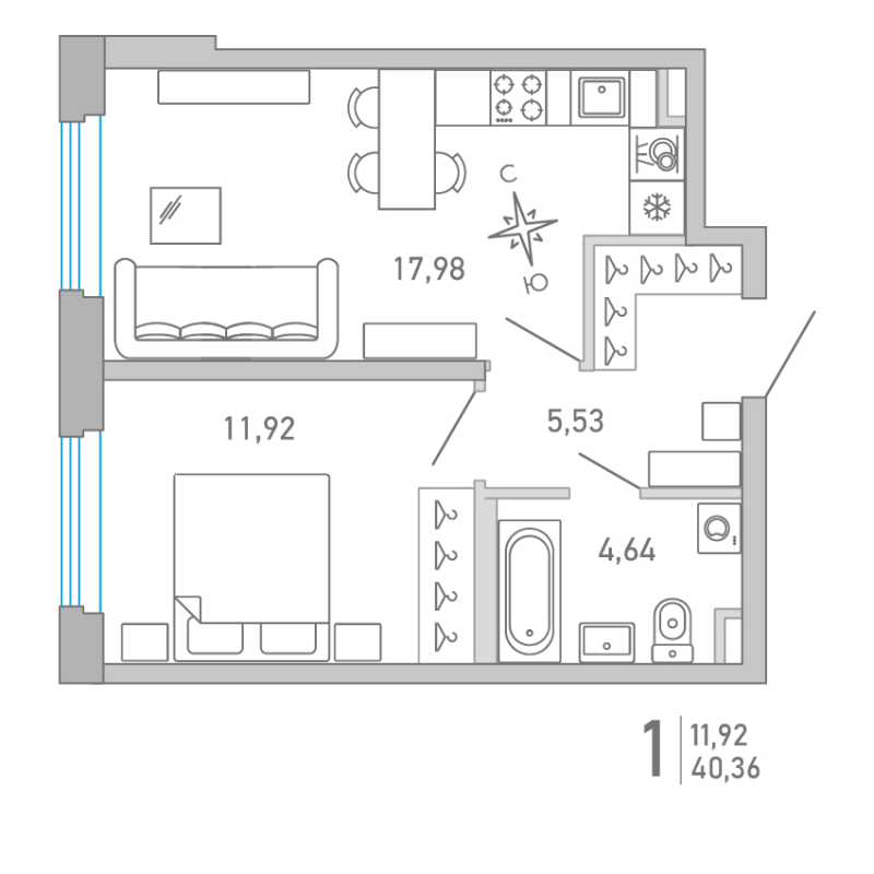 2-комнатная (Евро) квартира, 40.36 м² в ЖК "Министр" - планировка, фото №1