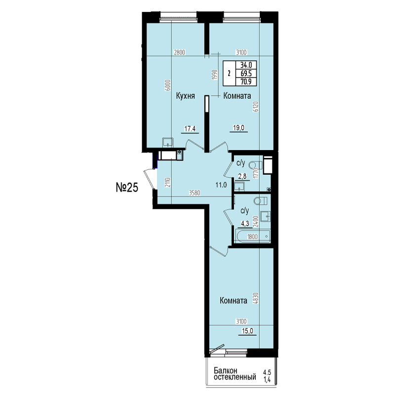 3-комнатная (Евро) квартира, 70.9 м² в ЖК "ПРАГМА СИТИ" - планировка, фото №1