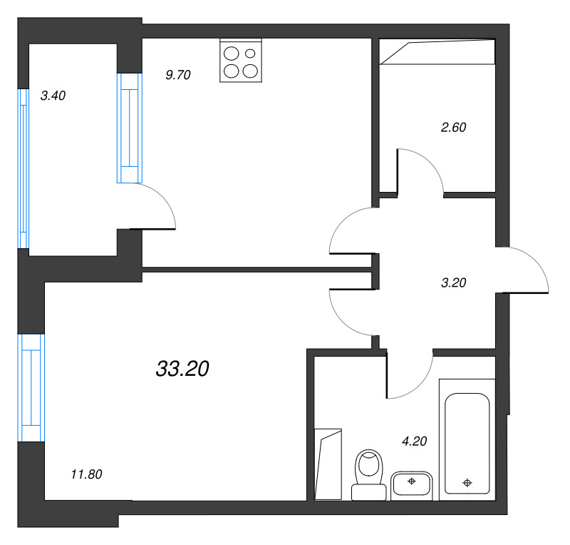1-комнатная квартира, 33.2 м² - планировка, фото №1