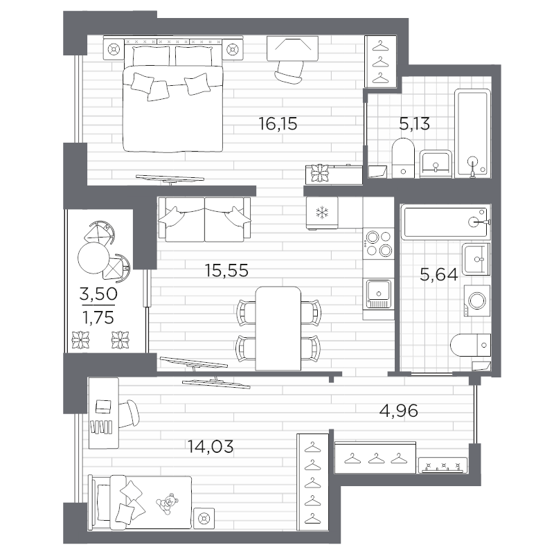 3-комнатная (Евро) квартира, 63.21 м² в ЖК "Сезоны" - планировка, фото №1