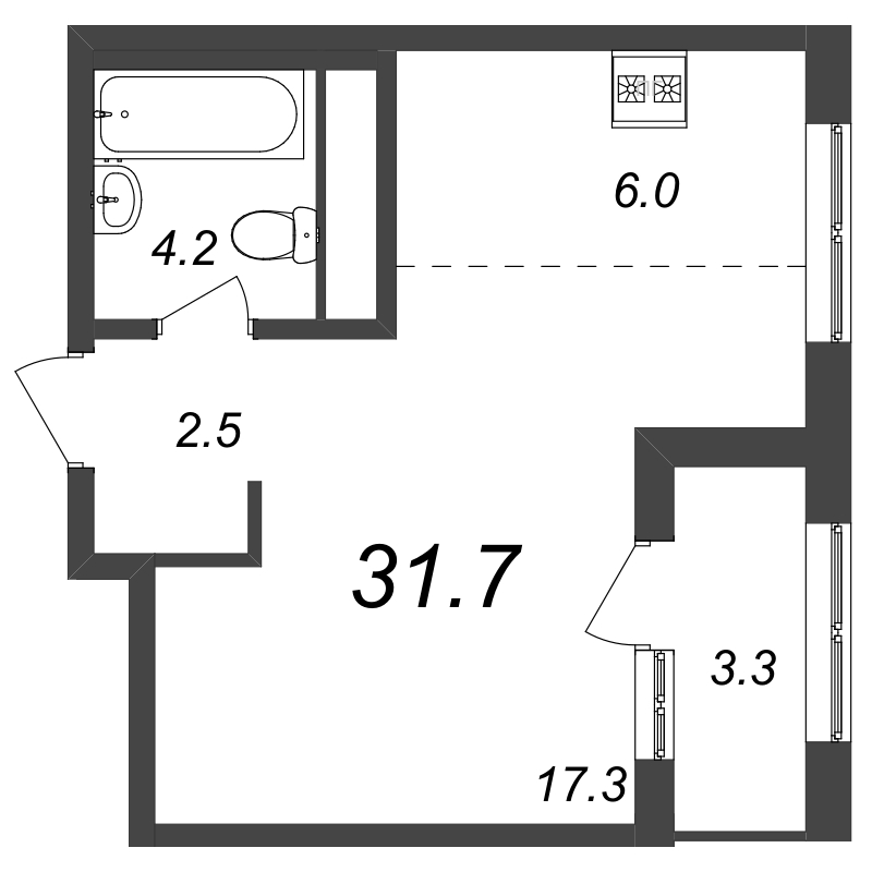 Квартира-студия, 31.9 м² - планировка, фото №1