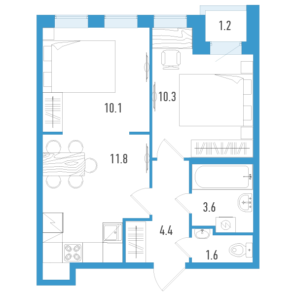 2-комнатная квартира, 42.4 м² - планировка, фото №1