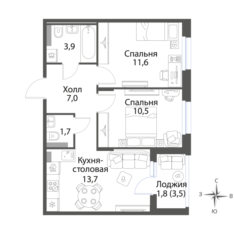 2-комнатная квартира, 50.2 м² в ЖК "Экография" - планировка, фото №1