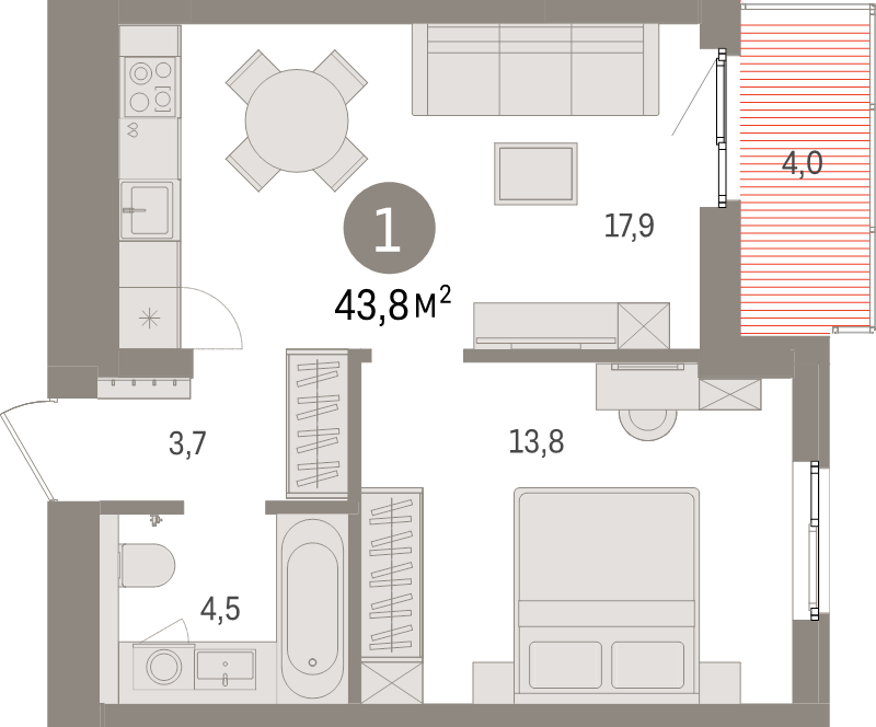 2-комнатная (Евро) квартира, 43.8 м² в ЖК "Брусника в Новоселье" - планировка, фото №1