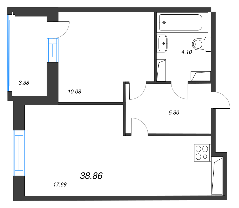 2-комнатная (Евро) квартира, 38.86 м² - планировка, фото №1