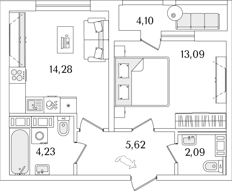 2-комнатная (Евро) квартира, 41.36 м² - планировка, фото №1