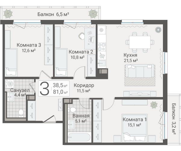 4-комнатная (Евро) квартира, 81 м² в ЖК "Руднева 15" - планировка, фото №1