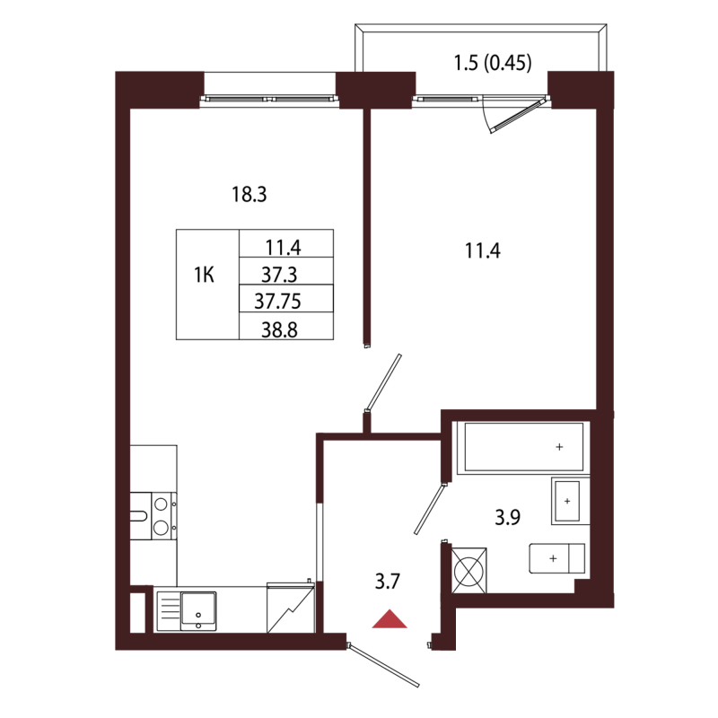 2-комнатная (Евро) квартира, 37.75 м² в ЖК "Лисино" - планировка, фото №1