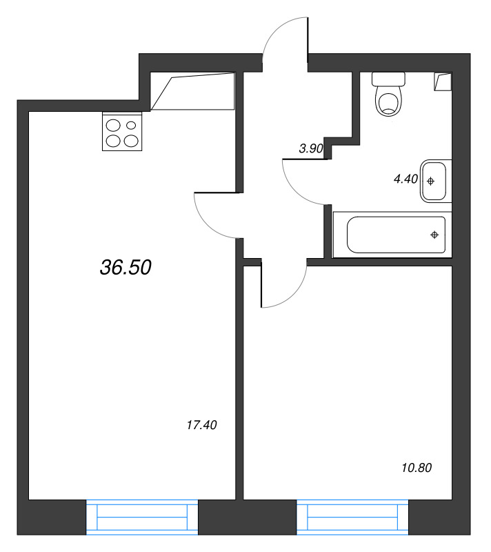 2-комнатная (Евро) квартира, 36.5 м² - планировка, фото №1