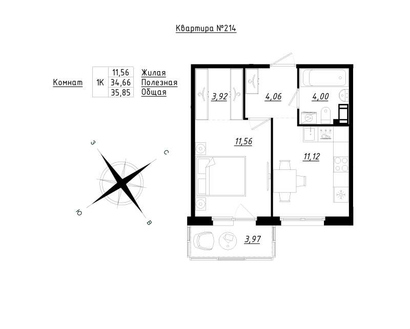 1-комнатная квартира, 36.01 м² - планировка, фото №1