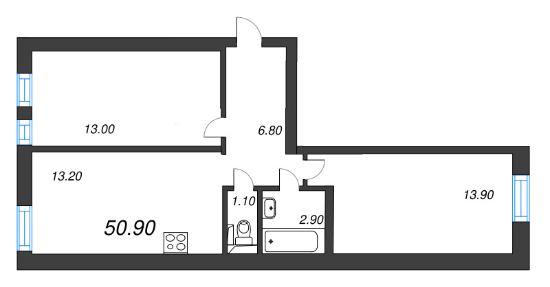 2-комнатная квартира, 50.9 м² в ЖК "Эко Квартал Нега" - планировка, фото №1
