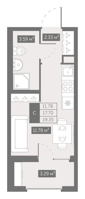 Квартира-студия, 19.35 м² - планировка, фото №1