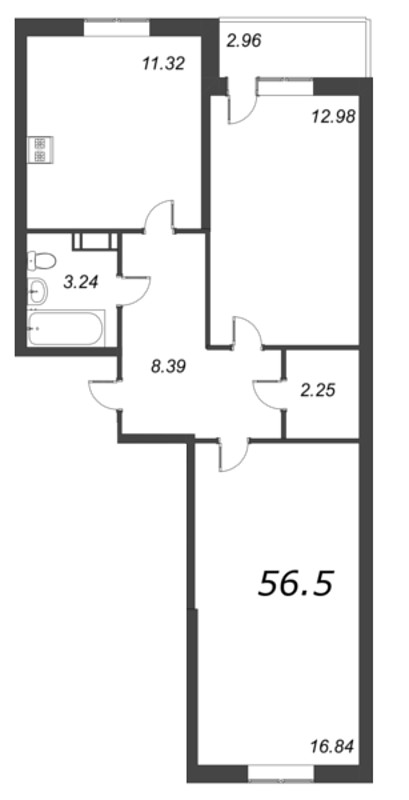 2-комнатная квартира, 56.5 м² в ЖК "Капральский" - планировка, фото №1