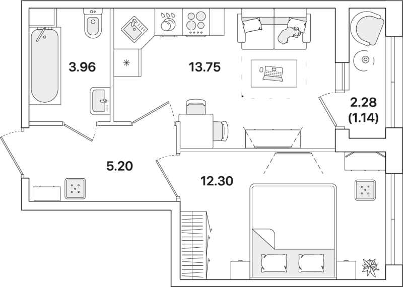 1-комнатная квартира, 36.35 м² - планировка, фото №1
