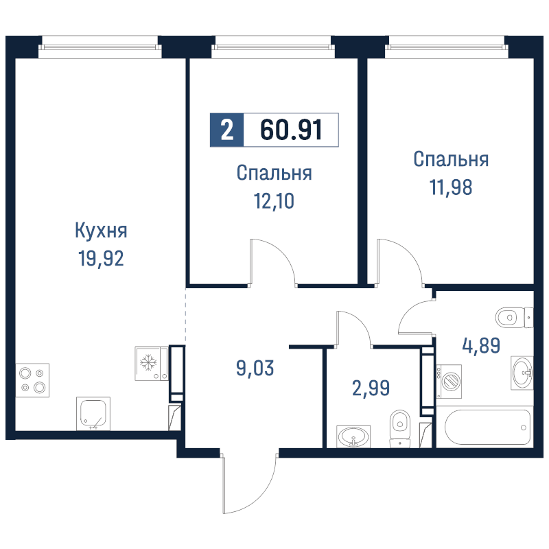 3-комнатная (Евро) квартира, 60.91 м² в ЖК "Максималист" - планировка, фото №1