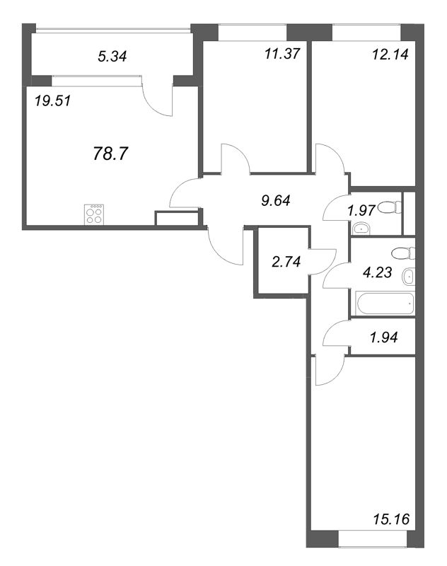 4-комнатная (Евро) квартира, 78.7 м² в ЖК "Дом на Курской" - планировка, фото №1