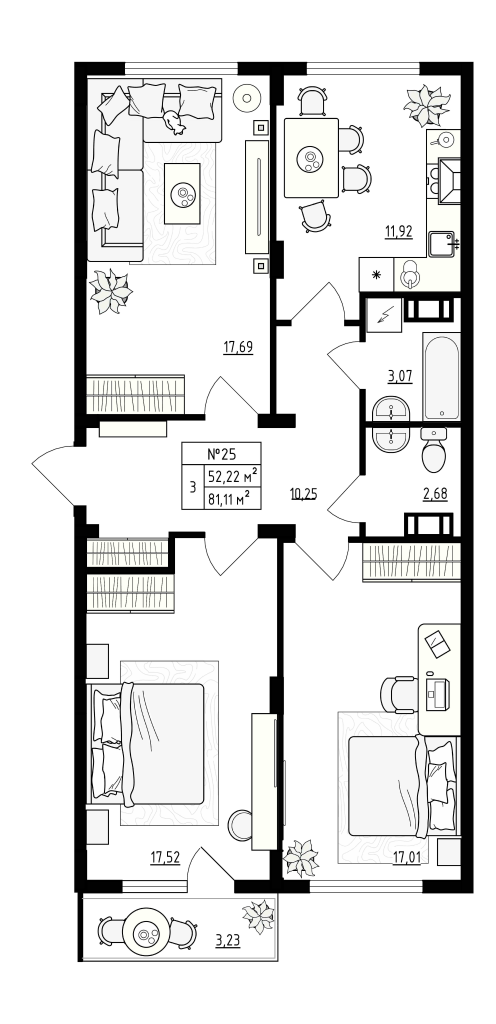 3-комнатная квартира, 81.11 м² - планировка, фото №1