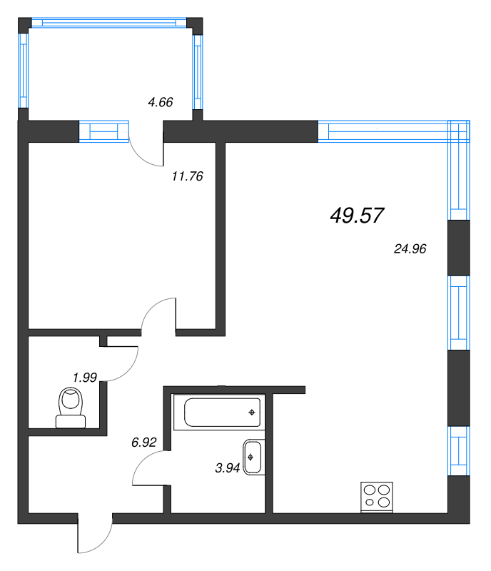 2-комнатная (Евро) квартира, 49.57 м² - планировка, фото №1